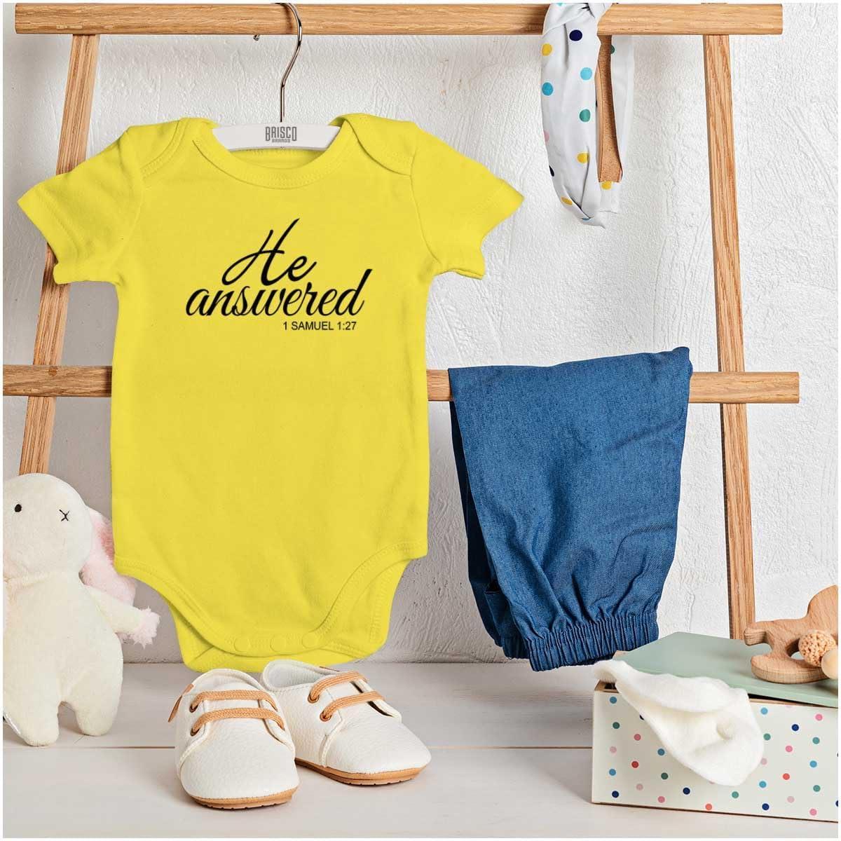imageBrisco Brands He Answered Samuel 117 Christian Baby Bodysuit Jumper GirlsZest