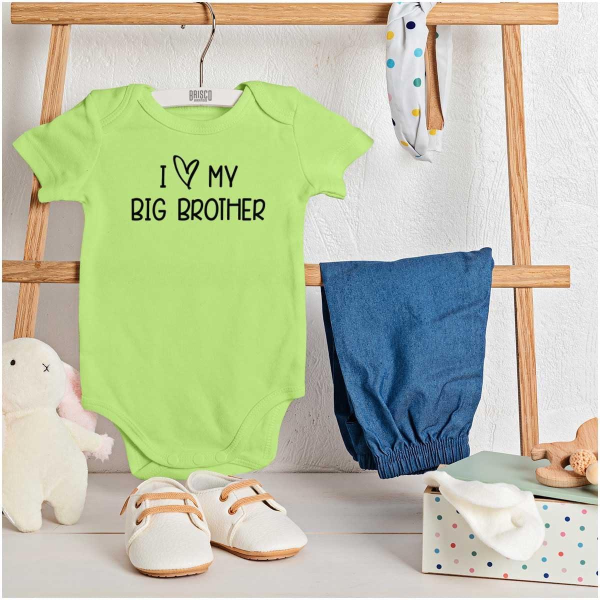 imageBrisco Brands I Love My Big Brother Younger Sibling Baby Romper Boys or GirlsKey Lime
