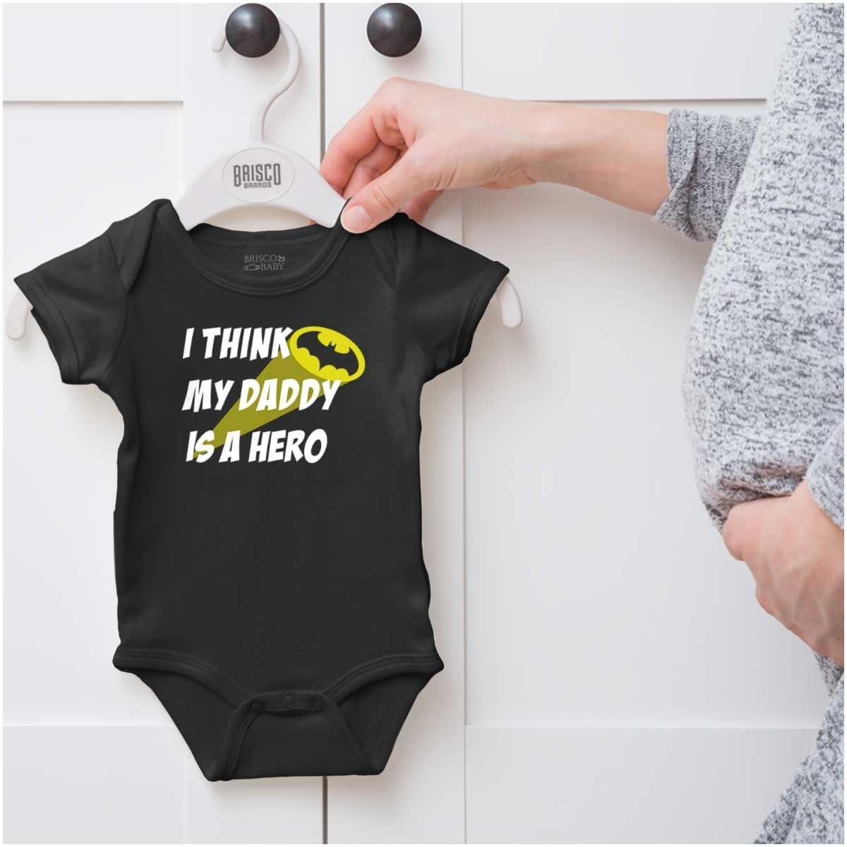 imageBrisco Brands I Think My Daddy is a Hero Superhero Baby Romper Boys or GirlsBlack