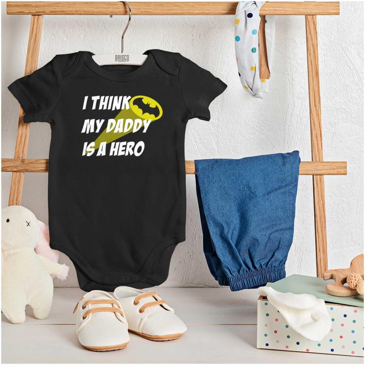 imageBrisco Brands I Think My Daddy is a Hero Superhero Baby Romper Boys or GirlsBlack