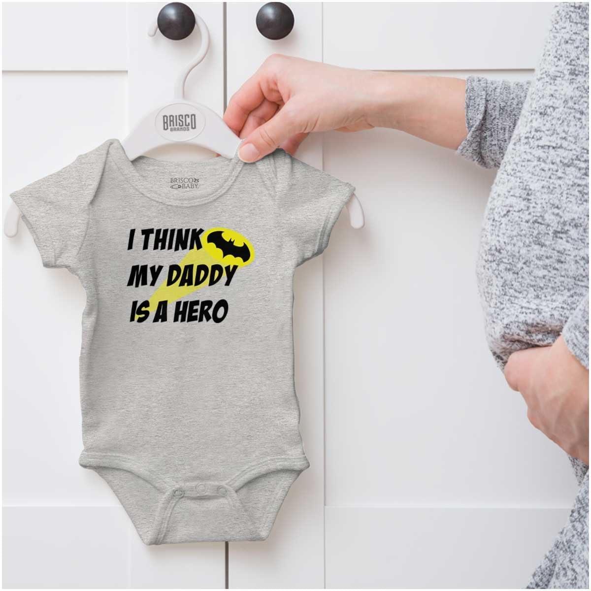 imageBrisco Brands I Think My Daddy is a Hero Superhero Baby Romper Boys or GirlsHeather
