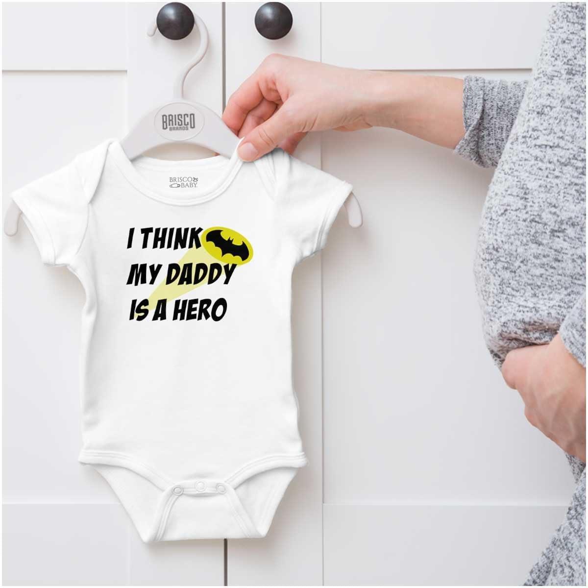 imageBrisco Brands I Think My Daddy is a Hero Superhero Baby Romper Boys or GirlsWhite