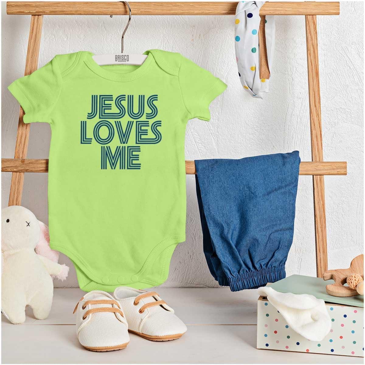 imageBrisco Brands Jesus Loves Me Retro Christian Baby Romper Boys or GirlsKey Lime