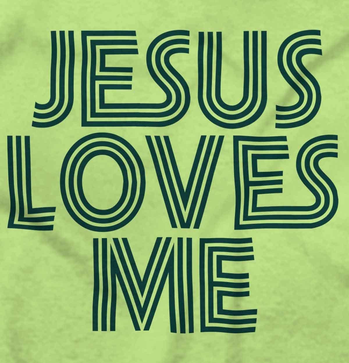 imageBrisco Brands Jesus Loves Me Retro Christian Baby Romper Boys or GirlsKey Lime