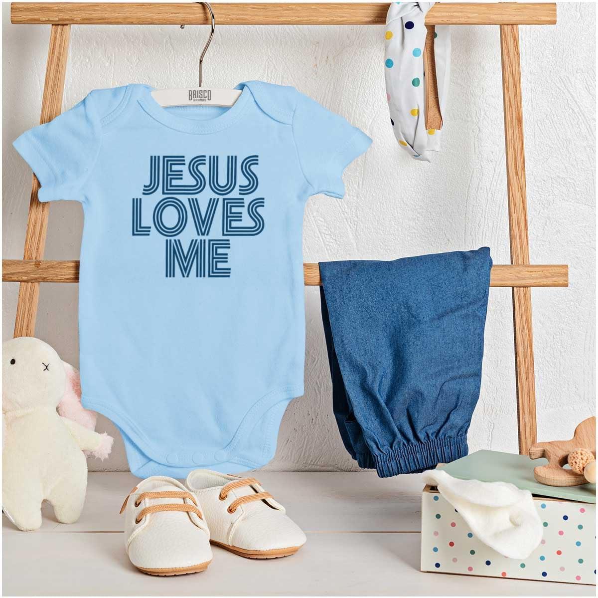 imageBrisco Brands Jesus Loves Me Retro Christian Baby Romper Boys or GirlsLight Blue