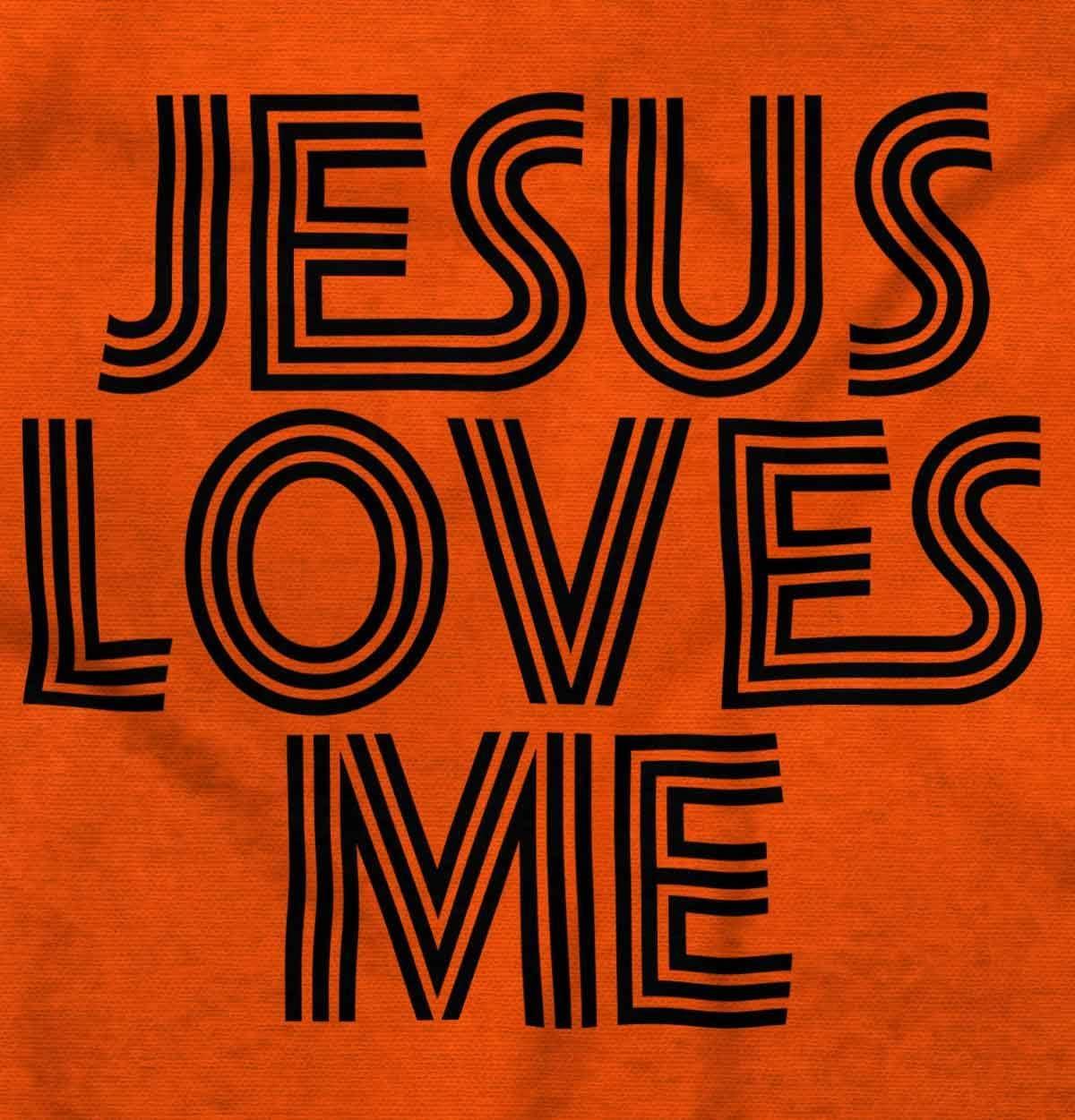 imageBrisco Brands Jesus Loves Me Retro Christian Baby Romper Boys or GirlsOrange