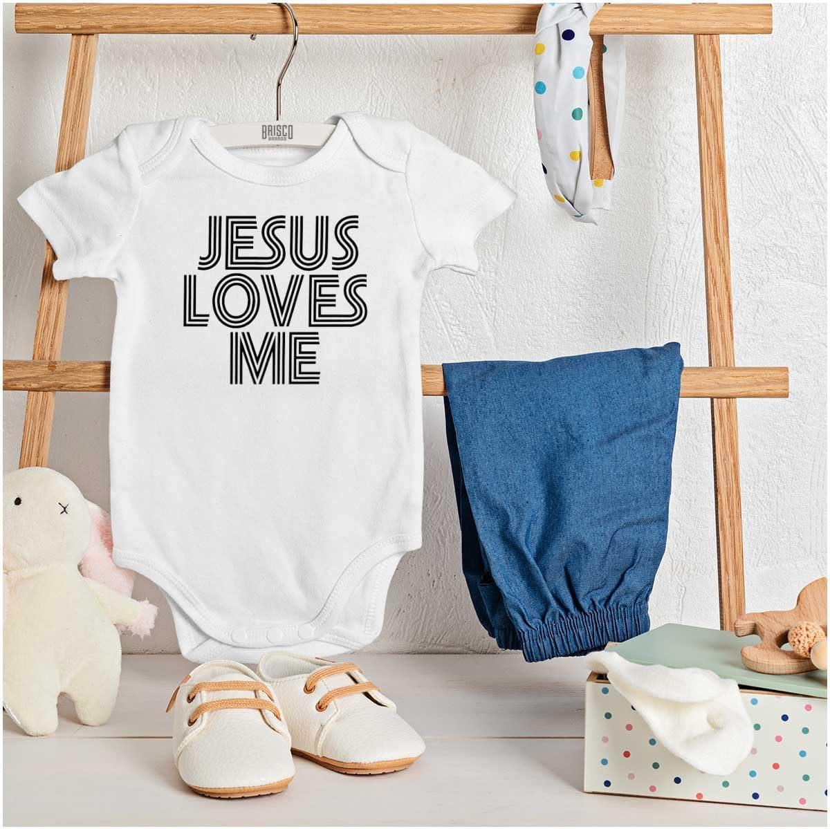 imageBrisco Brands Jesus Loves Me Retro Christian Baby Romper Boys or GirlsWhite