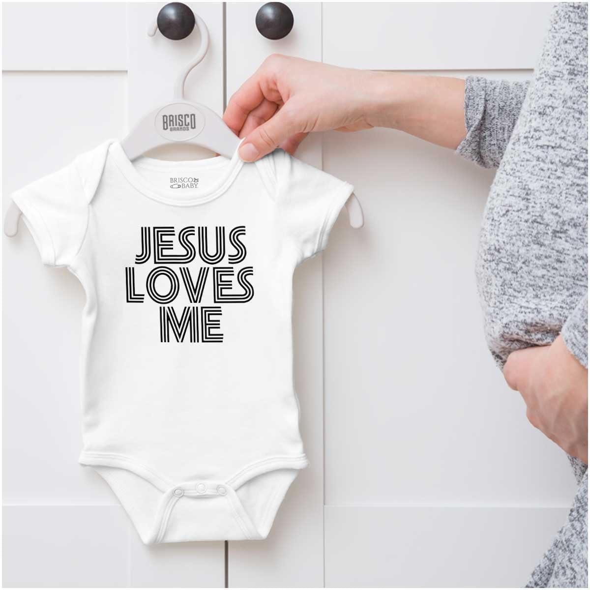 imageBrisco Brands Jesus Loves Me Retro Christian Baby Romper Boys or GirlsWhite
