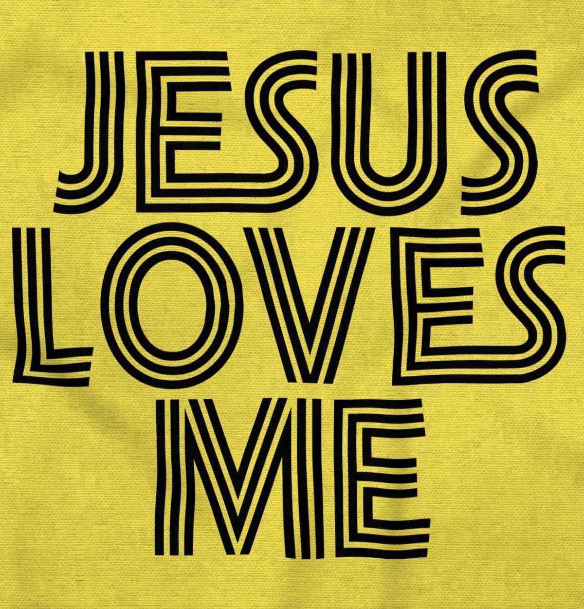 imageBrisco Brands Jesus Loves Me Retro Christian Baby Romper Boys or GirlsZest