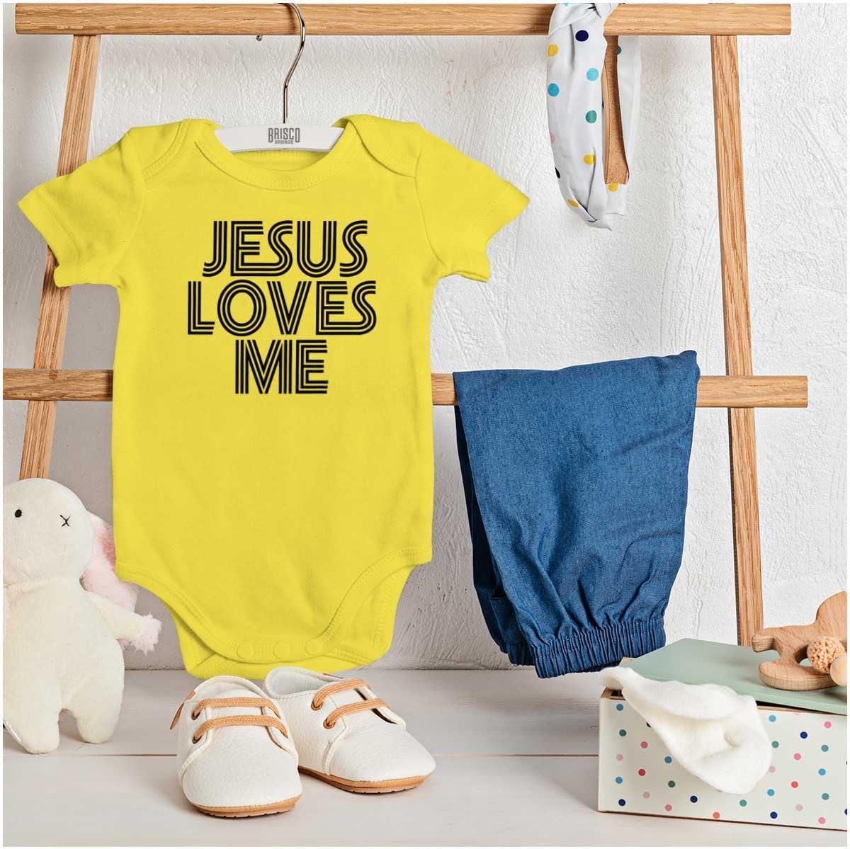 imageBrisco Brands Jesus Loves Me Retro Christian Baby Romper Boys or GirlsZest