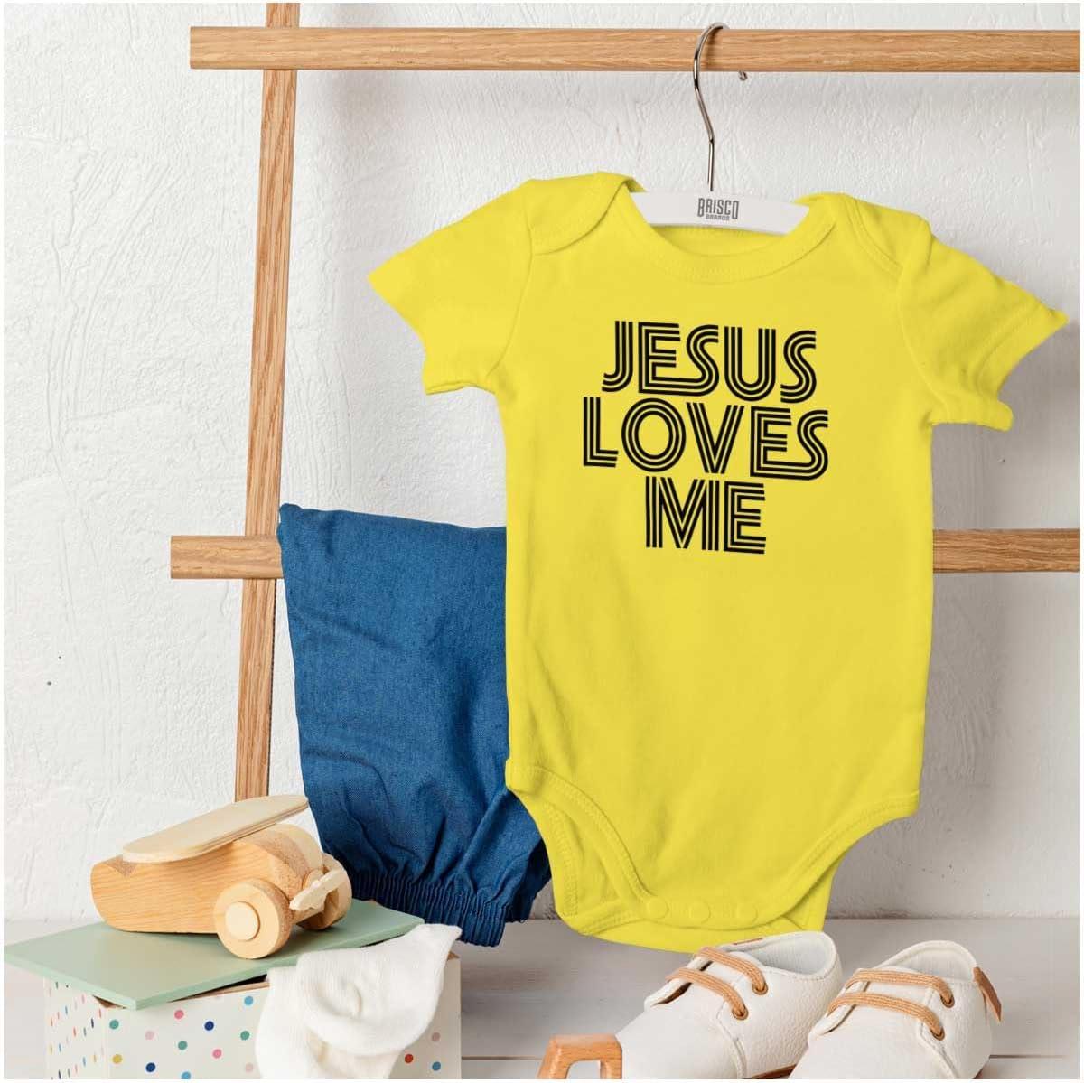 imageBrisco Brands Jesus Loves Me Retro Christian Baby Romper Boys or GirlsZest