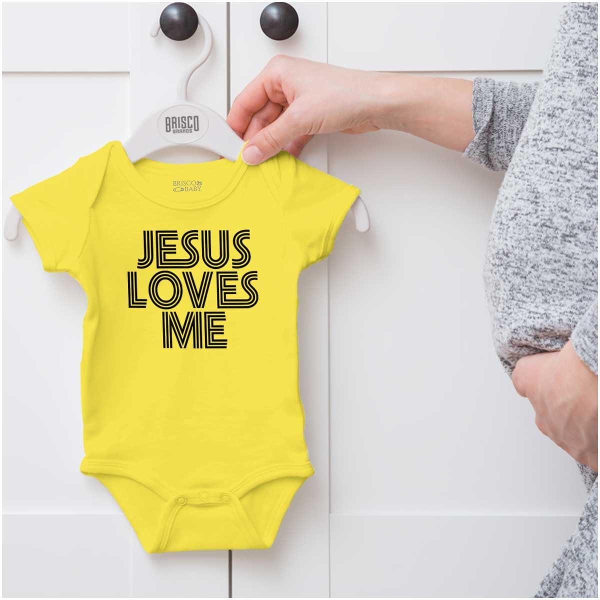 imageBrisco Brands Jesus Loves Me Retro Christian Baby Romper Boys or GirlsZest