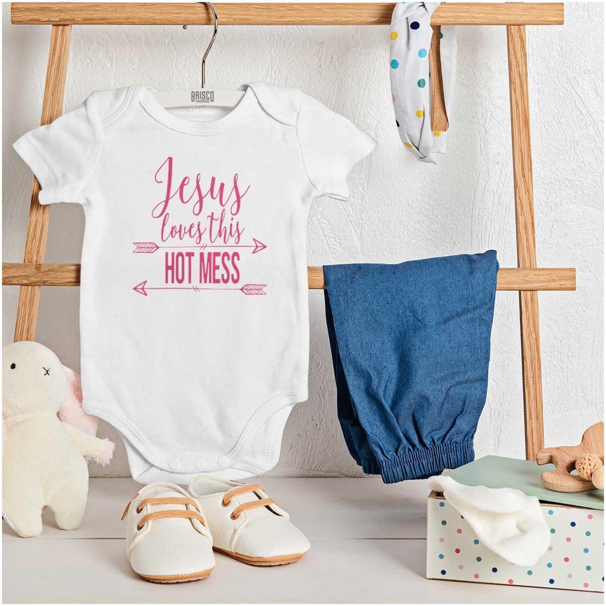 imageBrisco Brands Jesus Loves this Hot Mess Funny Baby Bodysuit Jumper GirlsWhite