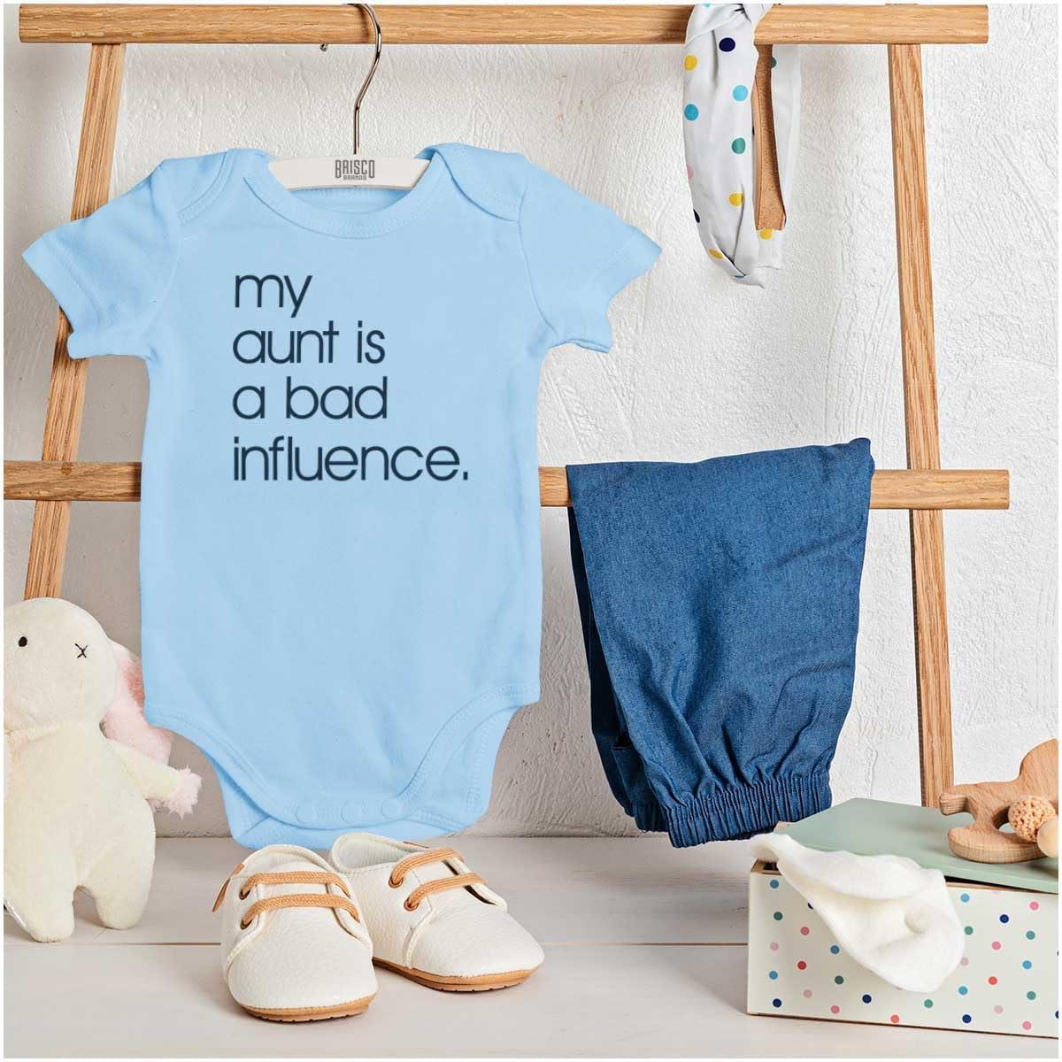 imageBrisco Brands My Aunt is a Bad Influence Funny Cute Baby Romper Boys or GirlsLight Blue