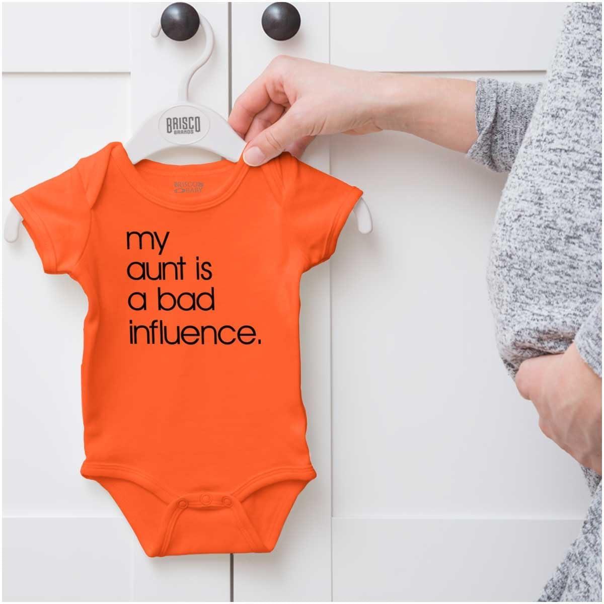 imageBrisco Brands My Aunt is a Bad Influence Funny Cute Baby Romper Boys or GirlsOrange