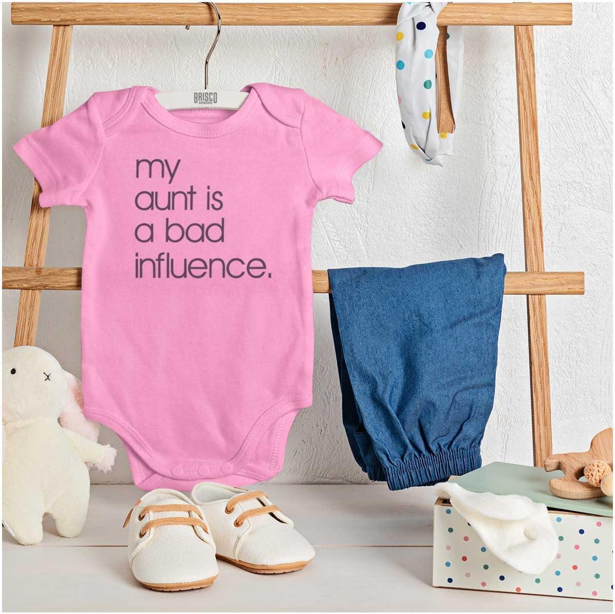 imageBrisco Brands My Aunt is a Bad Influence Funny Cute Baby Romper Boys or GirlsPink