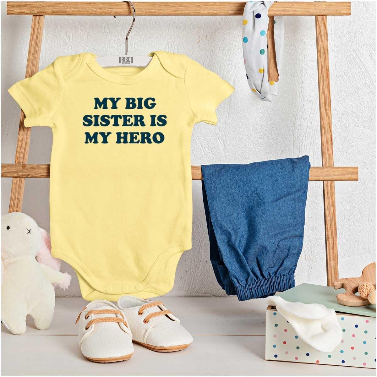 imageBrisco Brands My Big Sister My Hero Little Sis Love Baby Romper Boys or GirlsBanana