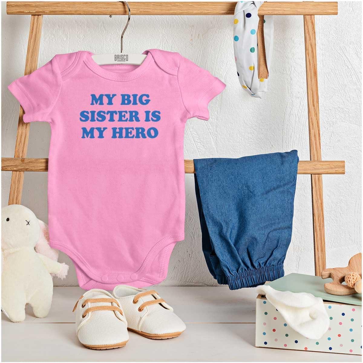 imageBrisco Brands My Big Sister My Hero Little Sis Love Baby Romper Boys or GirlsPink