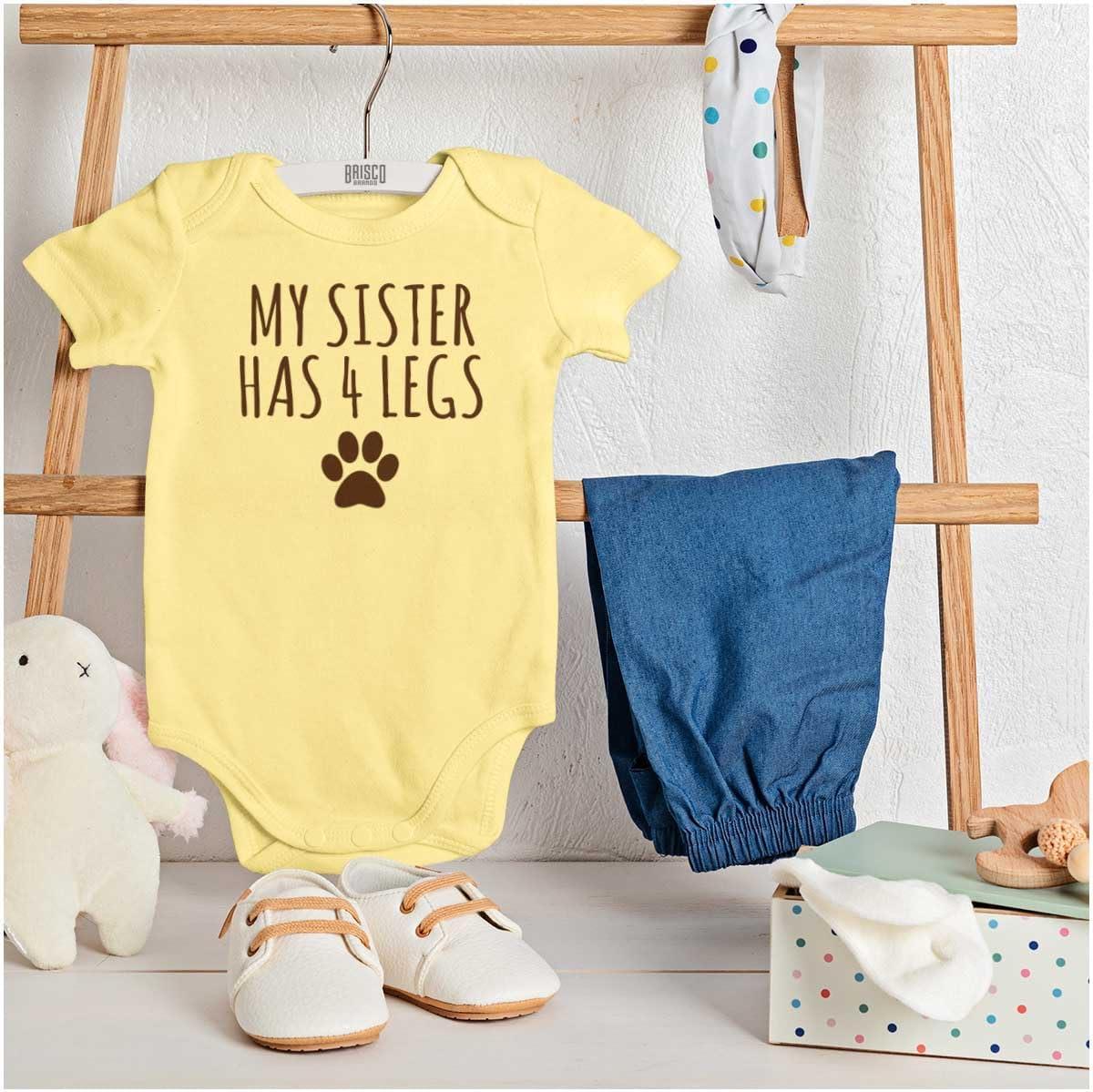 imageBrisco Brands My Sister Has 4 Legs Paw Print Baby Romper Boys or GirlsBanana