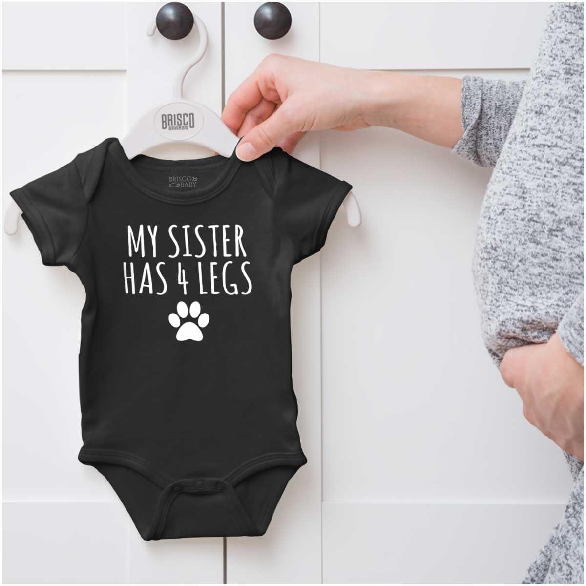 imageBrisco Brands My Sister Has 4 Legs Paw Print Baby Romper Boys or GirlsBlack