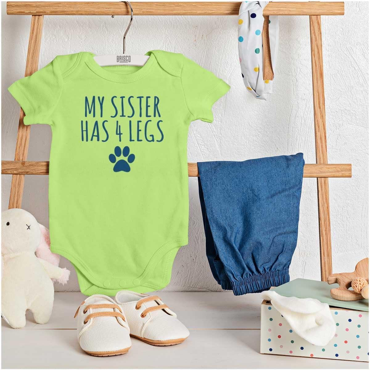 imageBrisco Brands My Sister Has 4 Legs Paw Print Baby Romper Boys or GirlsKey Lime
