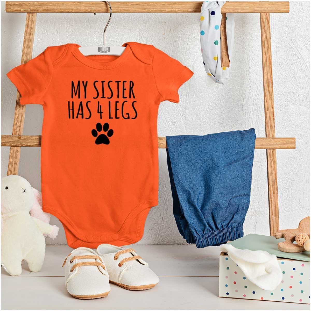 imageBrisco Brands My Sister Has 4 Legs Paw Print Baby Romper Boys or GirlsOrange