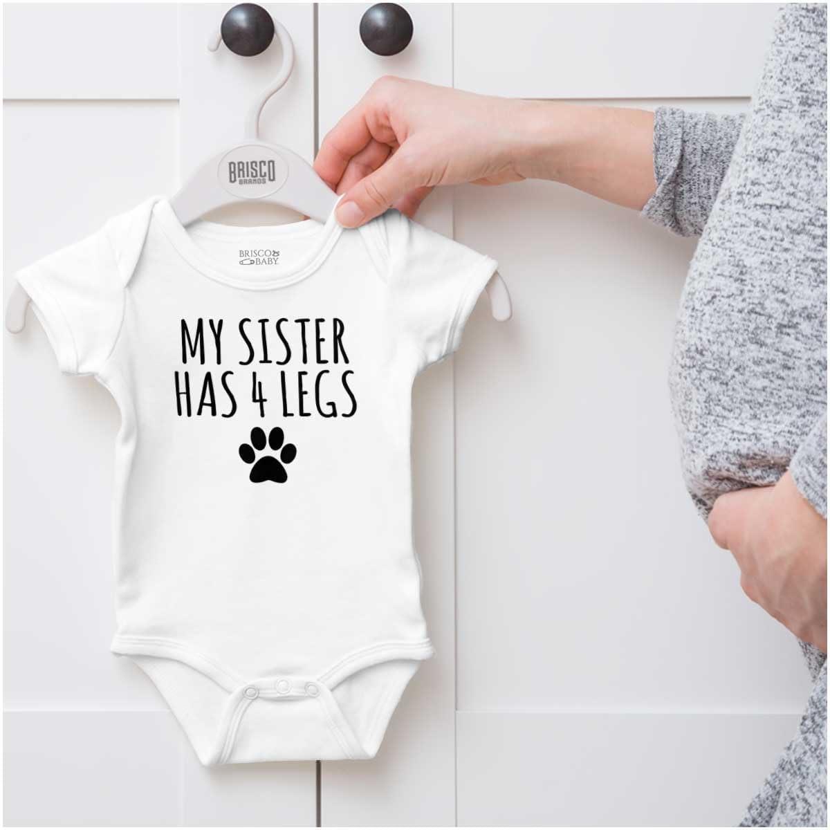 imageBrisco Brands My Sister Has 4 Legs Paw Print Baby Romper Boys or GirlsWhite