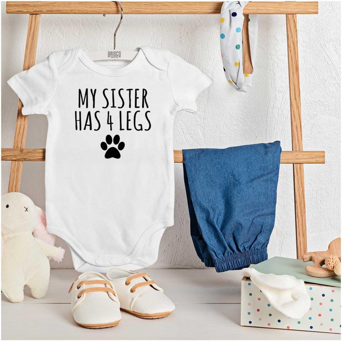 imageBrisco Brands My Sister Has 4 Legs Paw Print Baby Romper Boys or GirlsWhite
