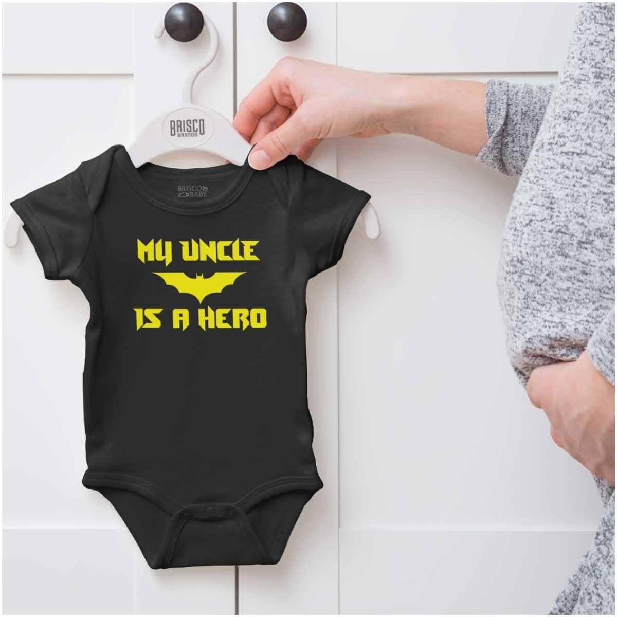 imageBrisco Brands My Uncle is a Hero Superhero Bat Baby Romper Boys or GirlsBlack