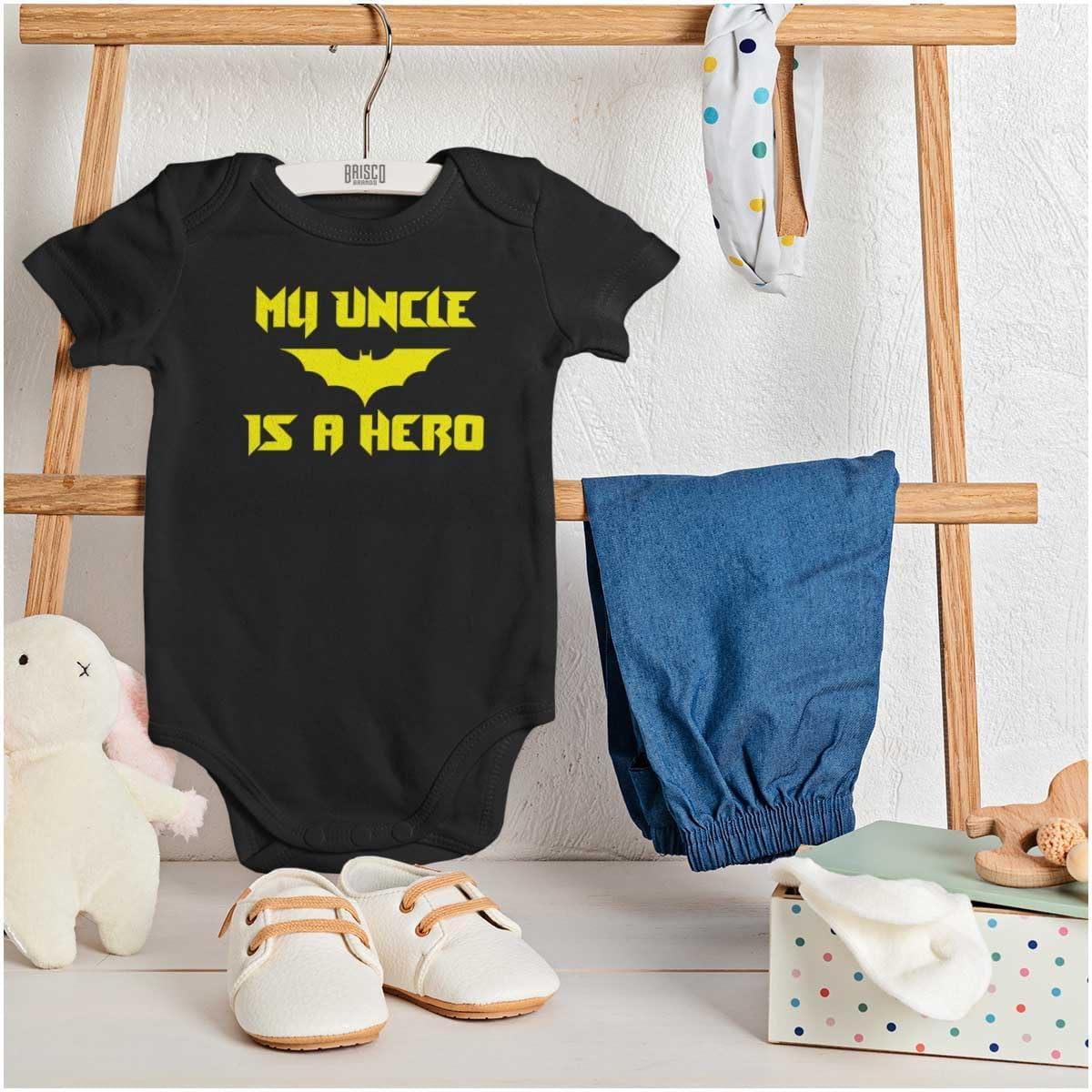 imageBrisco Brands My Uncle is a Hero Superhero Bat Baby Romper Boys or GirlsBlack