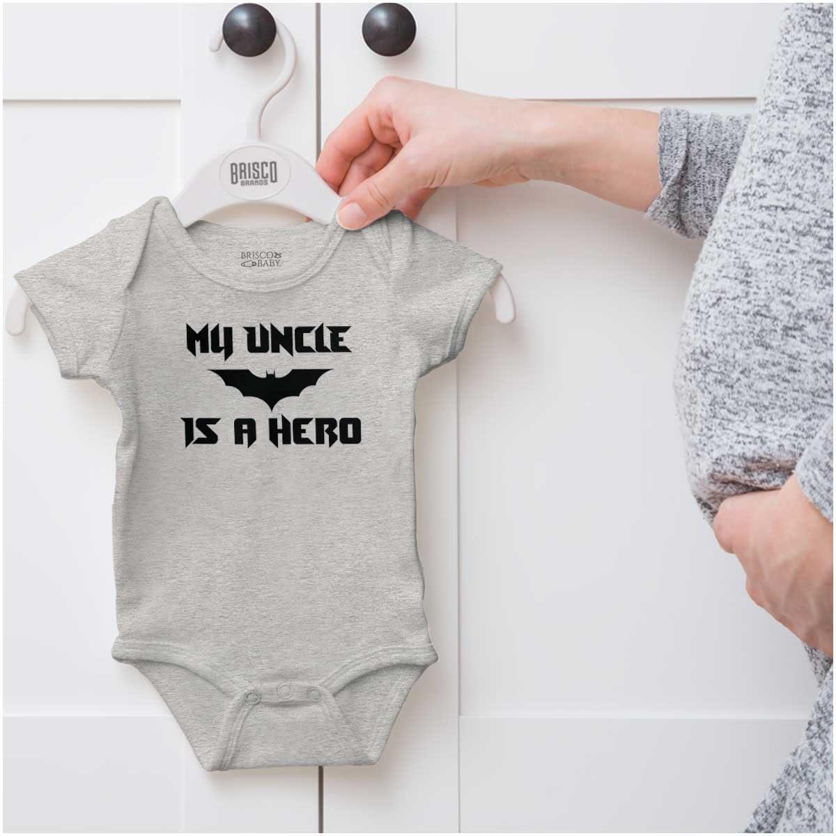 imageBrisco Brands My Uncle is a Hero Superhero Bat Baby Romper Boys or GirlsHeather