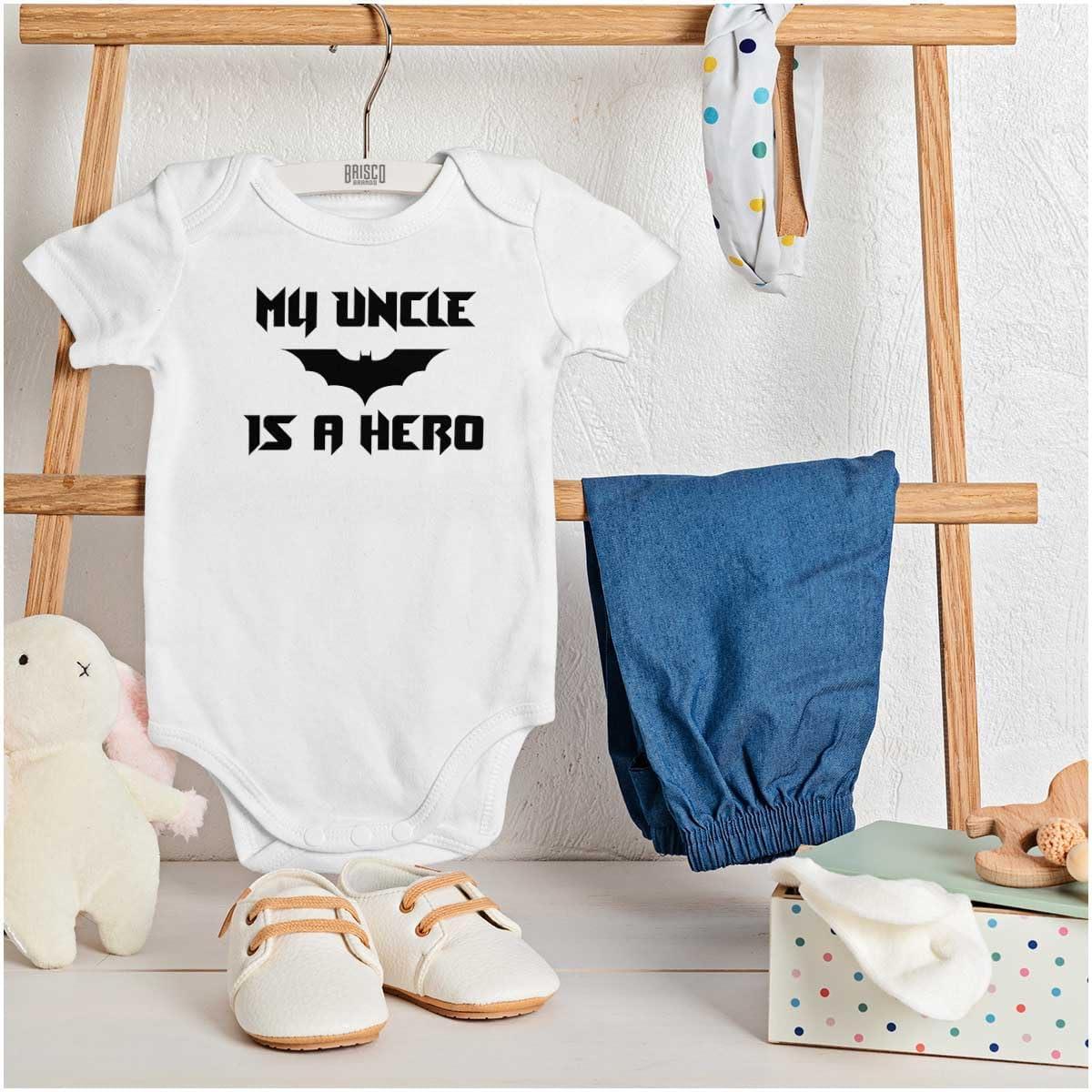 imageBrisco Brands My Uncle is a Hero Superhero Bat Baby Romper Boys or GirlsWhite
