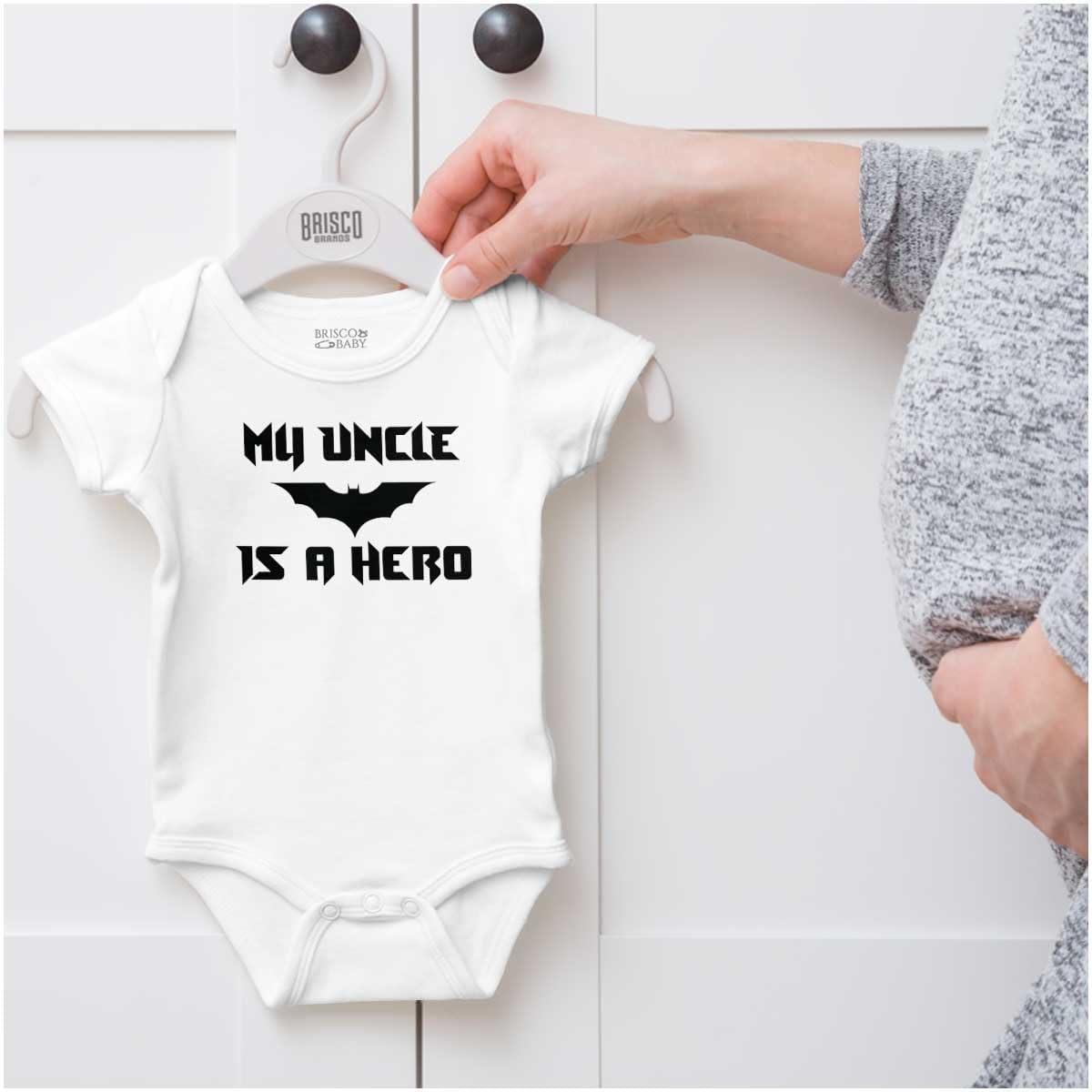 imageBrisco Brands My Uncle is a Hero Superhero Bat Baby Romper Boys or GirlsWhite