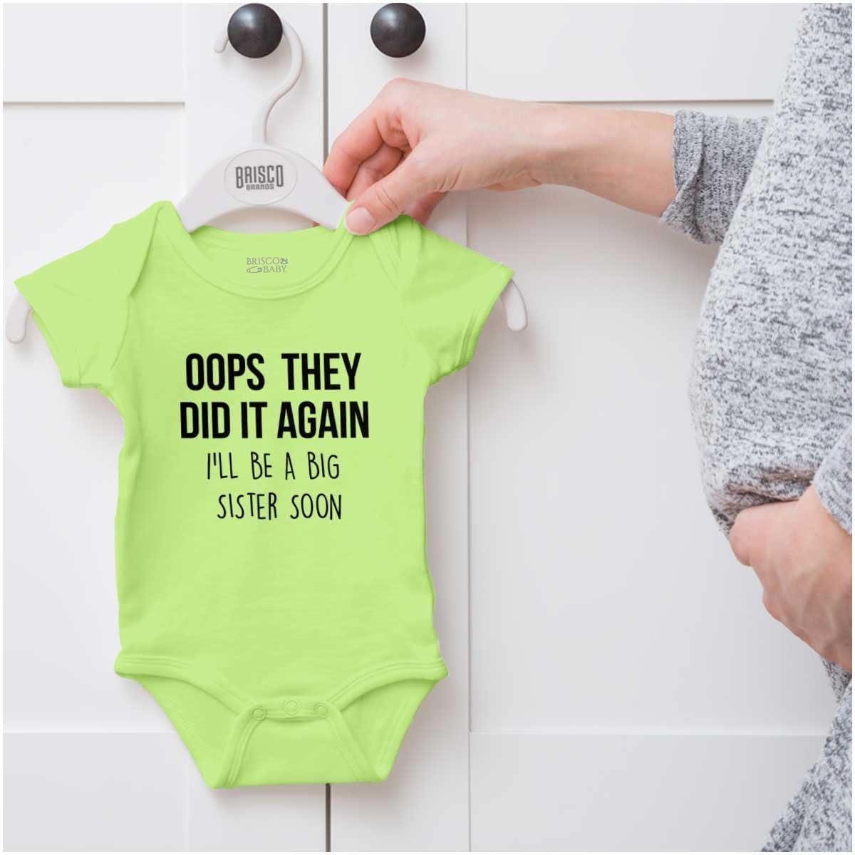 imageBrisco Brands Oops They Did It Again Im A Big Sis Baby Bodysuit Jumper GirlsKey Lime