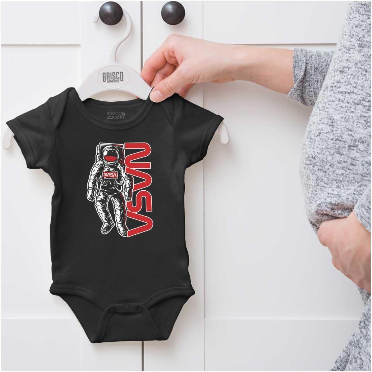 imageBrisco Brands Retro Astronaut NASA Worm Logo Baby Romper Boys or GirlsBlack