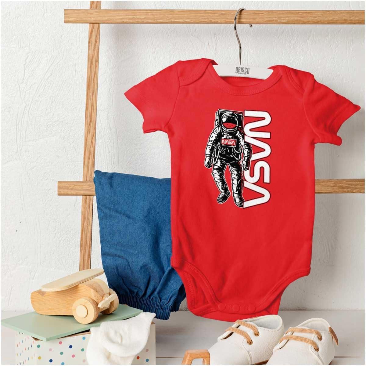 imageBrisco Brands Retro Astronaut NASA Worm Logo Baby Romper Boys or GirlsRed