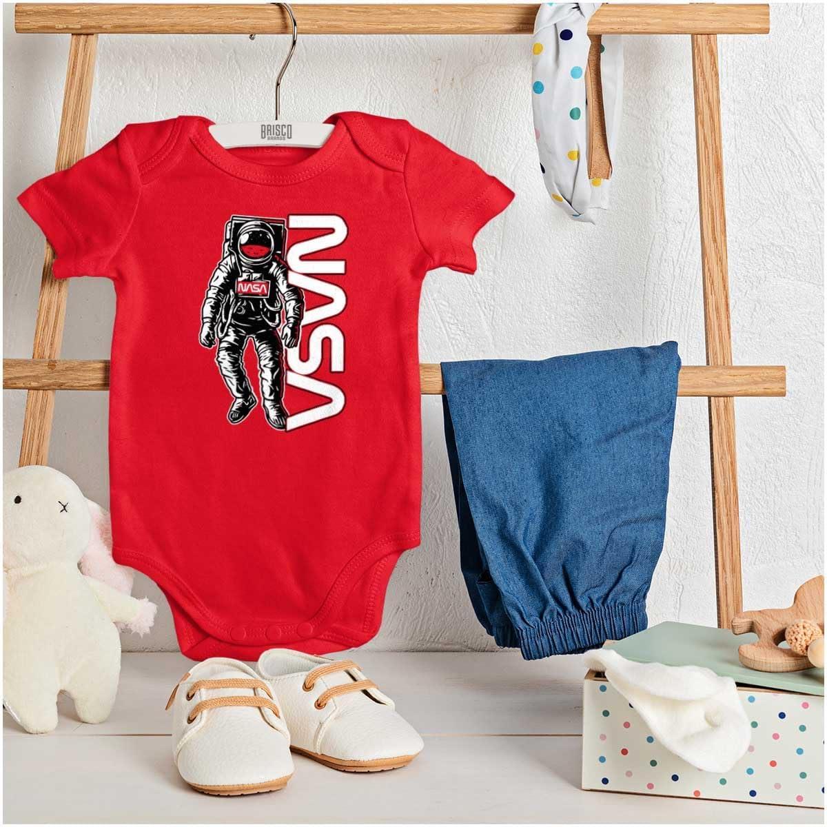 imageBrisco Brands Retro Astronaut NASA Worm Logo Baby Romper Boys or GirlsRed
