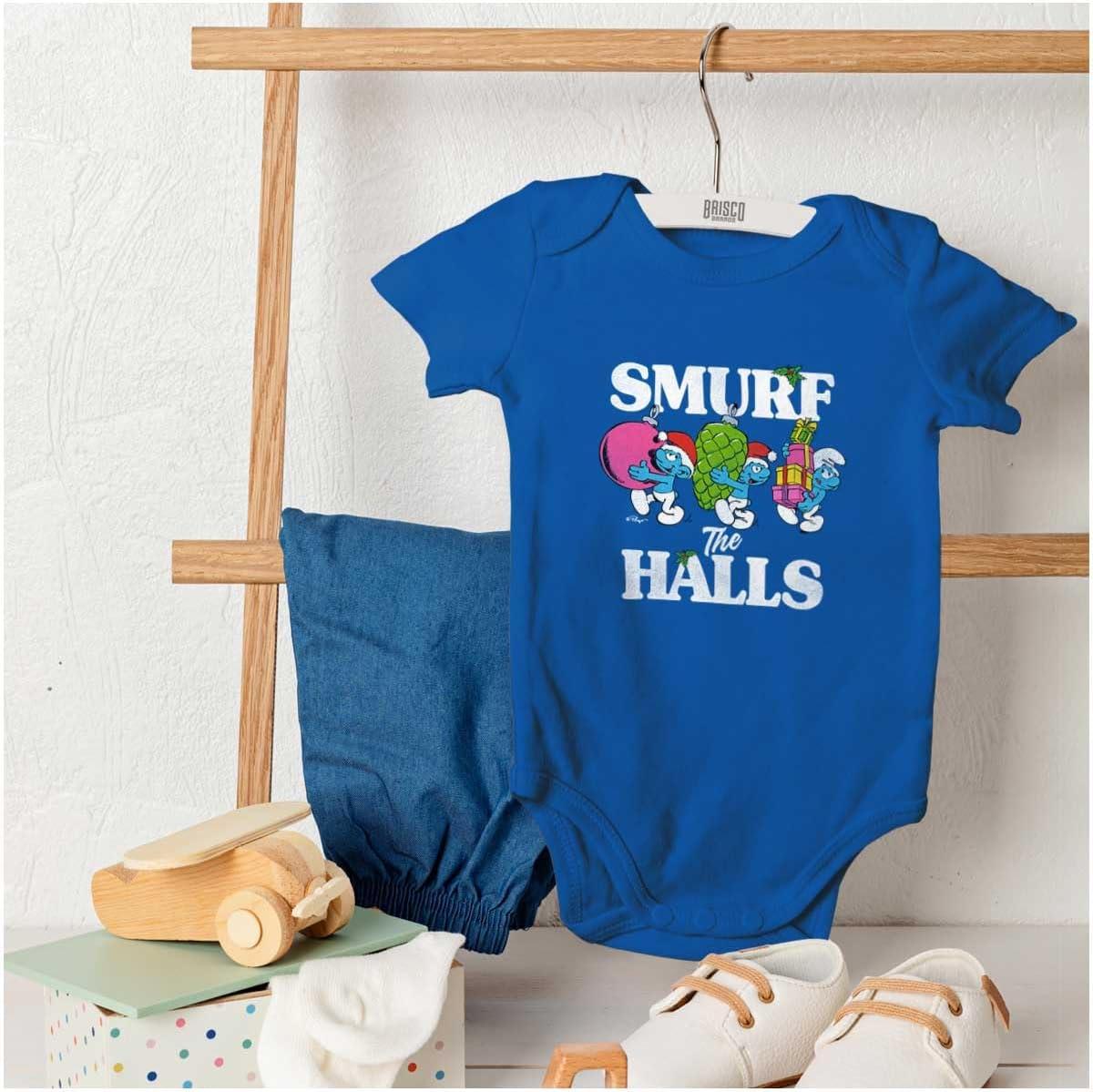 imageBrisco Brands Smurf the Halls Christmas Presents Baby Romper Boys or GirlsRoyal