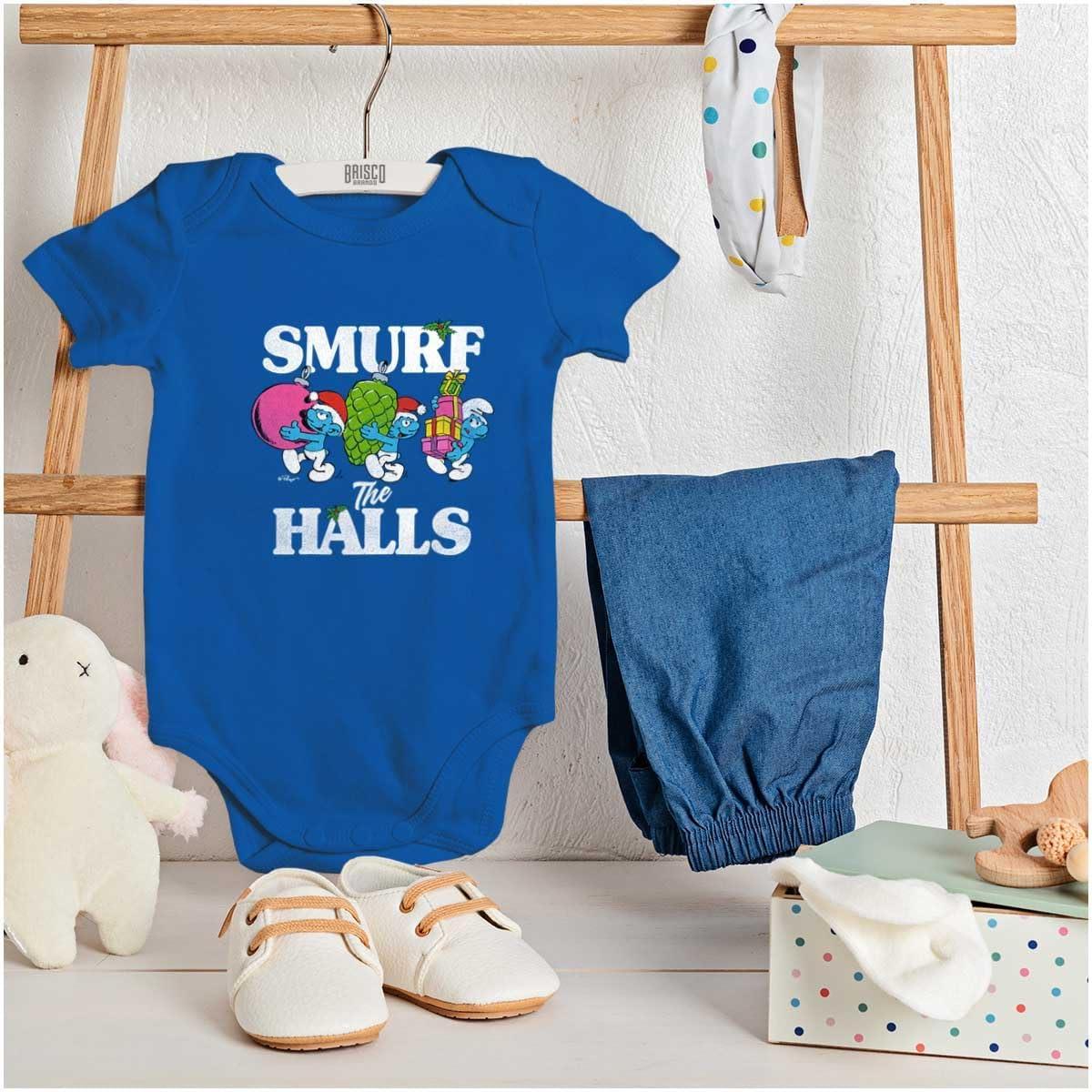 imageBrisco Brands Smurf the Halls Christmas Presents Baby Romper Boys or GirlsRoyal
