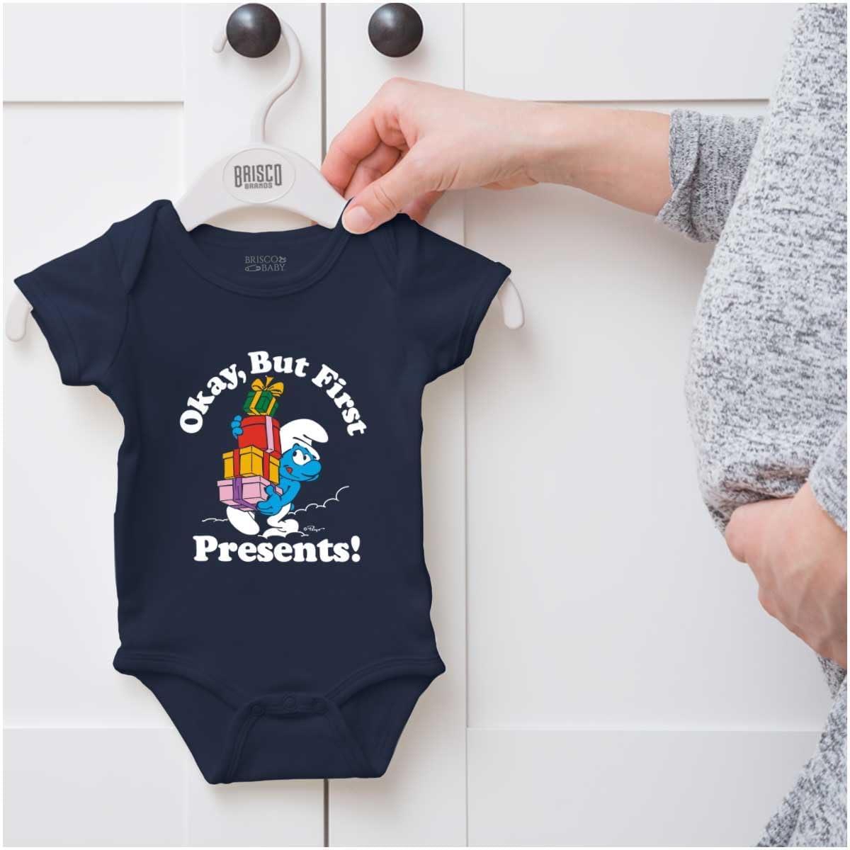 imageBrisco Brands Smurfs Cartoon Christmas Presents Baby Romper Boys or GirlsNavy