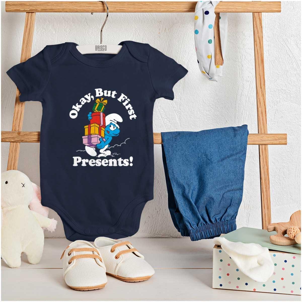 imageBrisco Brands Smurfs Cartoon Christmas Presents Baby Romper Boys or GirlsNavy