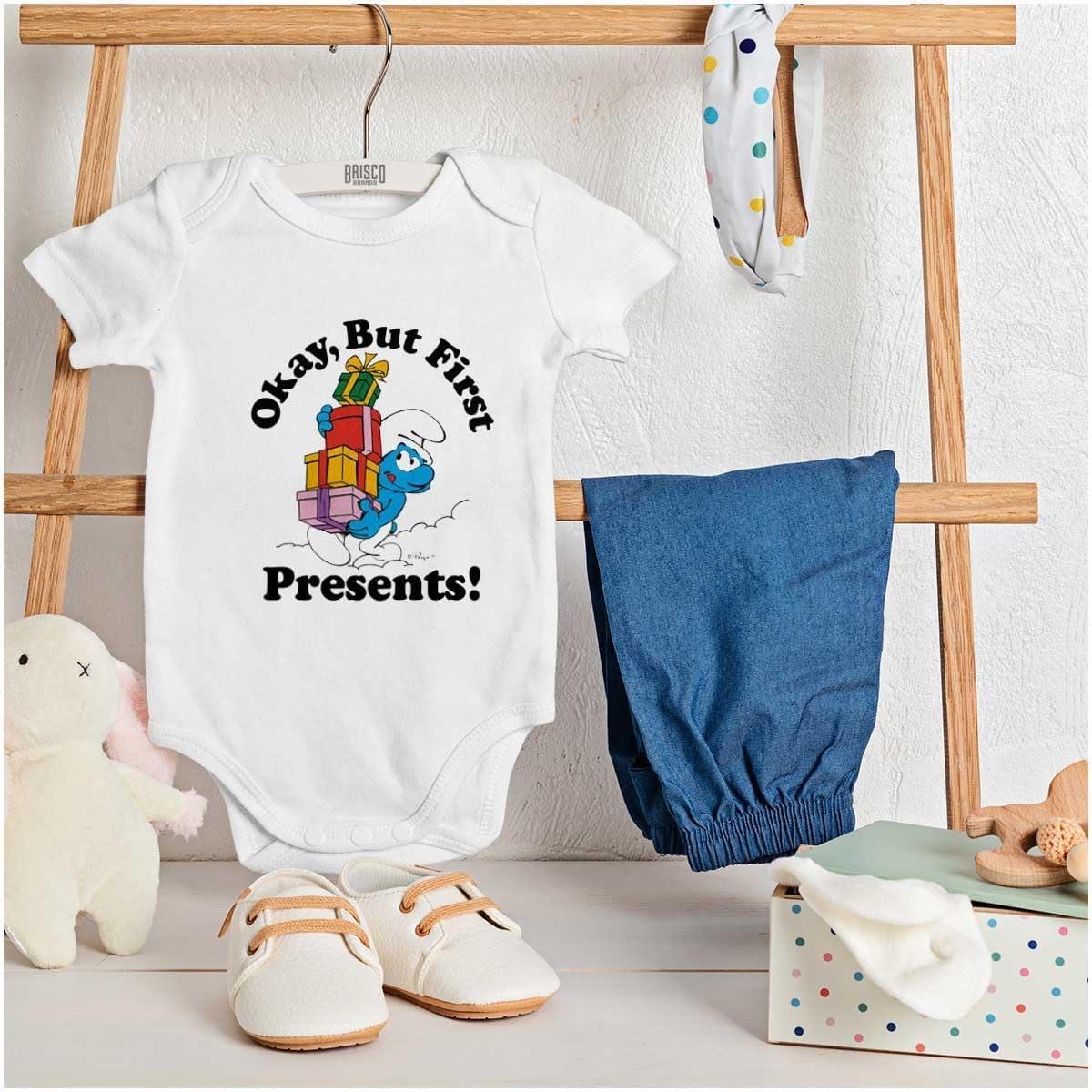 imageBrisco Brands Smurfs Cartoon Christmas Presents Baby Romper Boys or GirlsWhite