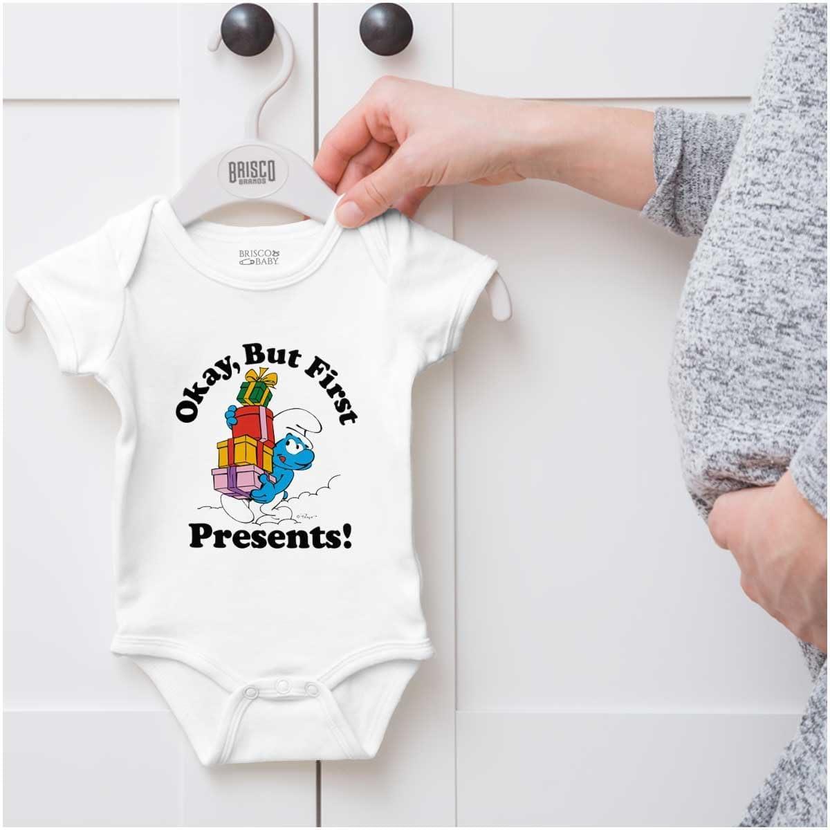 imageBrisco Brands Smurfs Cartoon Christmas Presents Baby Romper Boys or GirlsWhite