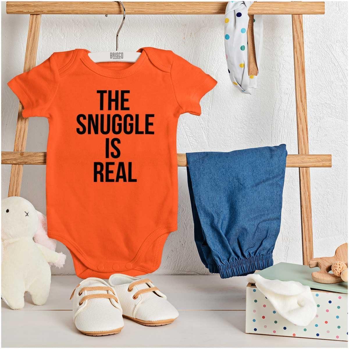imageBrisco Brands The Snuggle Is Real Funny Pun Cute Baby Romper Boys or GirlsOrange