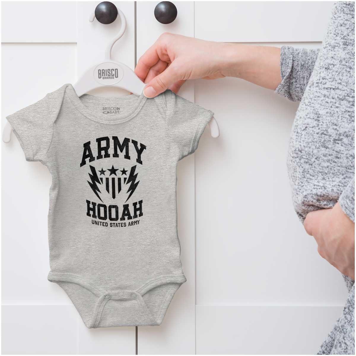 imageBrisco Brands US Army Soldier Veteran Pride Baby Romper Boys or GirlsHeather