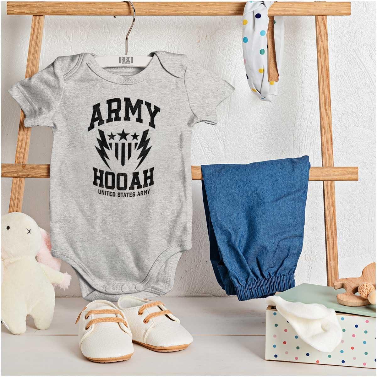 imageBrisco Brands US Army Soldier Veteran Pride Baby Romper Boys or GirlsHeather