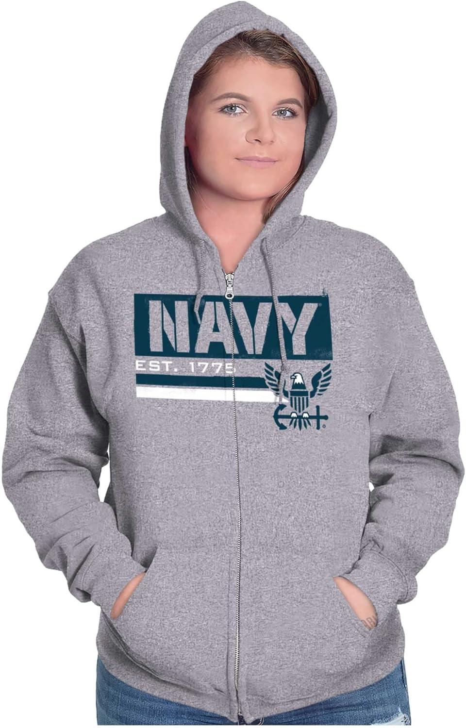 imageBrisco Brands US Navy Est 1775 Eagle Anchor Symbol Zip Up Hoodie Mens WomensSport Grey