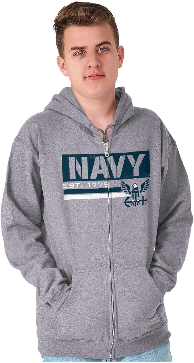 imageBrisco Brands US Navy Est 1775 Eagle Anchor Symbol Zip Up Hoodie Mens WomensSport Grey