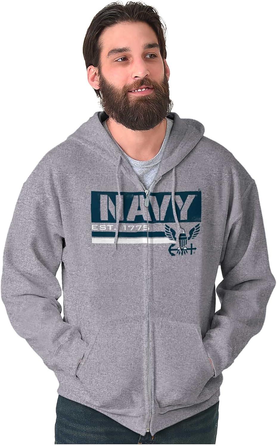 imageBrisco Brands US Navy Est 1775 Eagle Anchor Symbol Zip Up Hoodie Mens WomensSport Grey