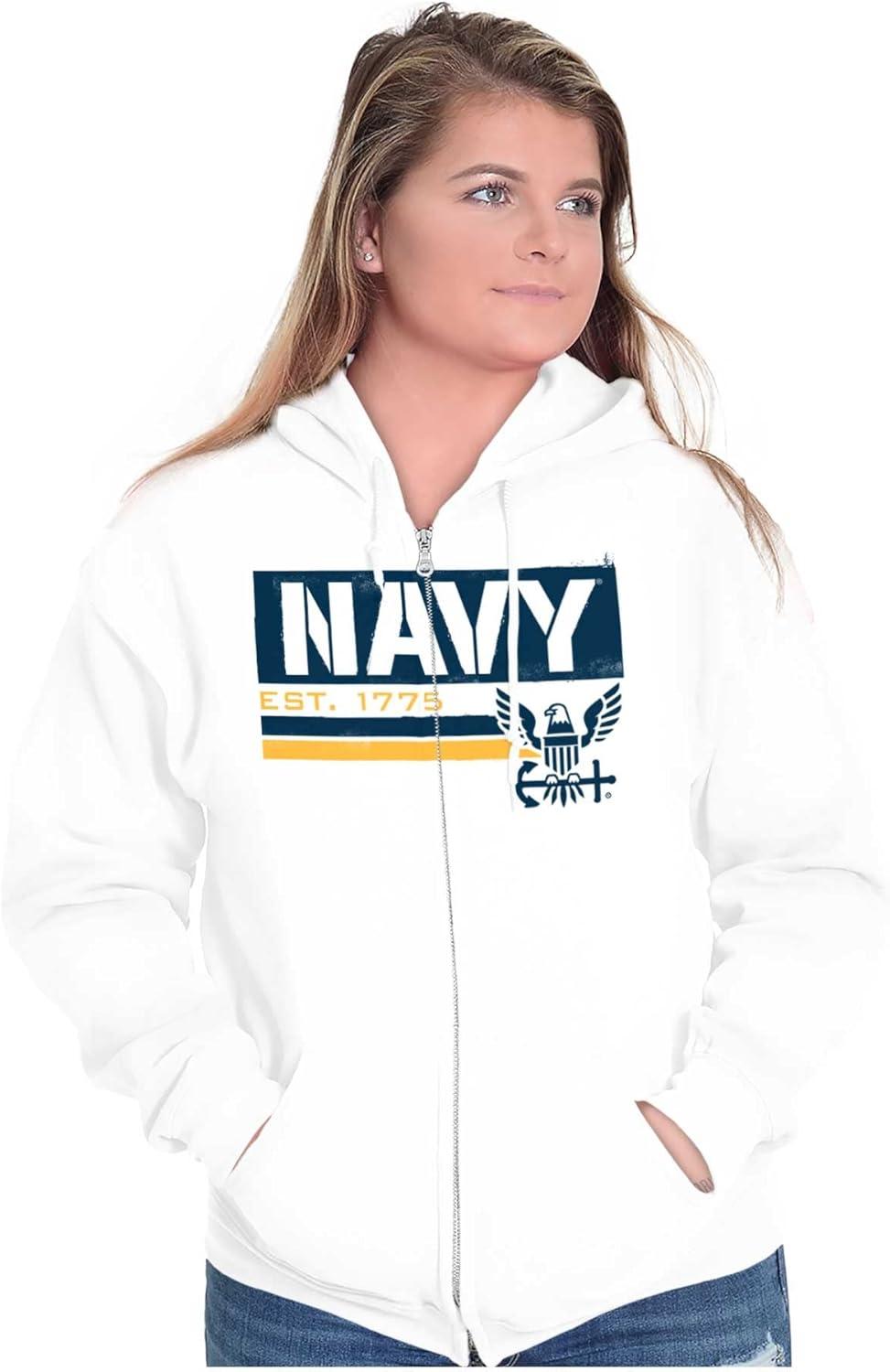 imageBrisco Brands US Navy Est 1775 Eagle Anchor Symbol Zip Up Hoodie Mens WomensWhite